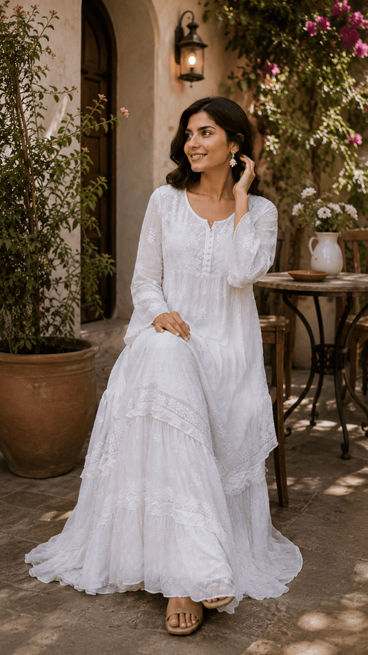Viscose Chikankari Embroidered Loose Co-Ord Set – White