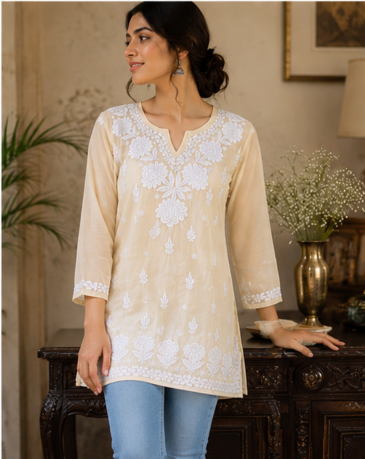 Modal Chikankari Women Stitched Kurta - Yellow