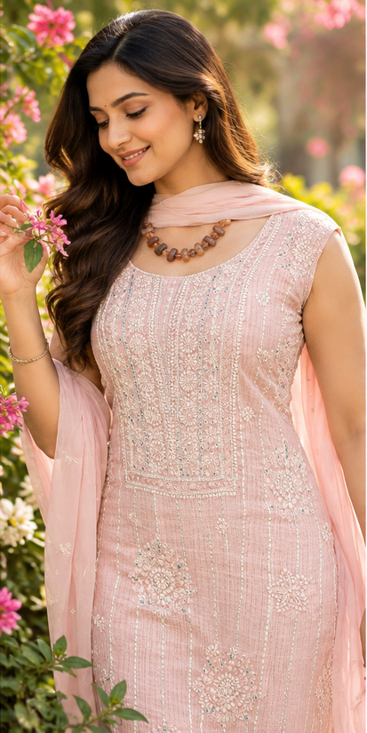 A woman wearing a light pink embellished kurta with a matching dupatta and brown beaded necklace, standing outdoors among pink flowers.