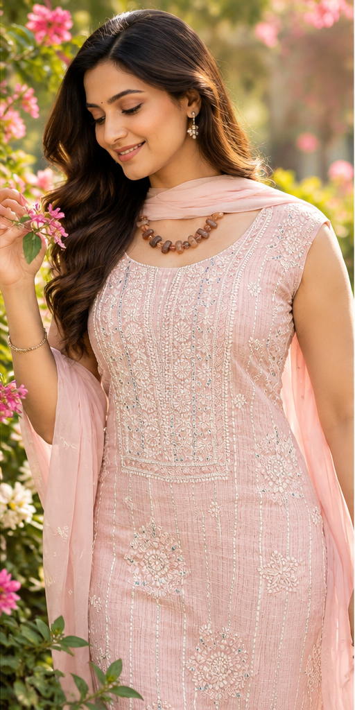 A woman wearing a light pink embellished kurta with a matching dupatta and brown beaded necklace, standing outdoors among pink flowers.