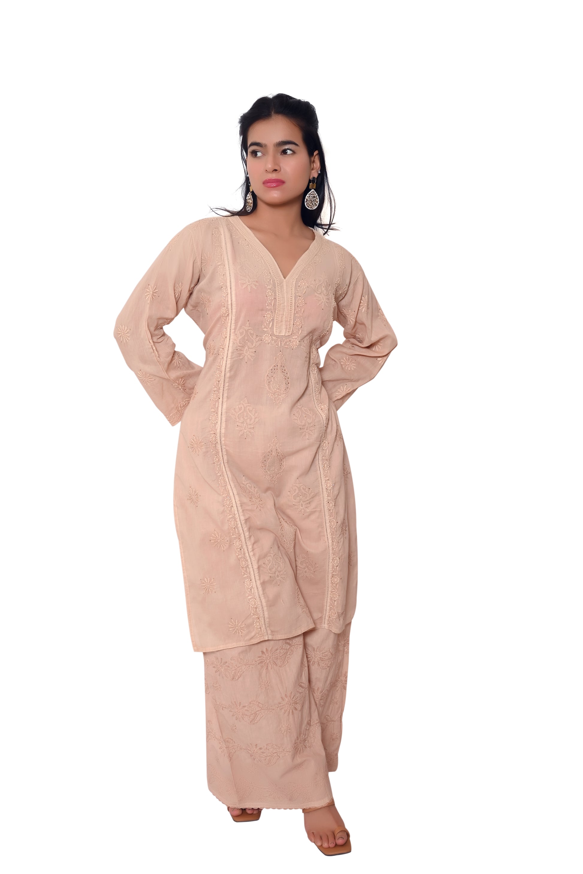 Kota and Cotton Chikankari Women Stitched Suit Sets - Light Brown