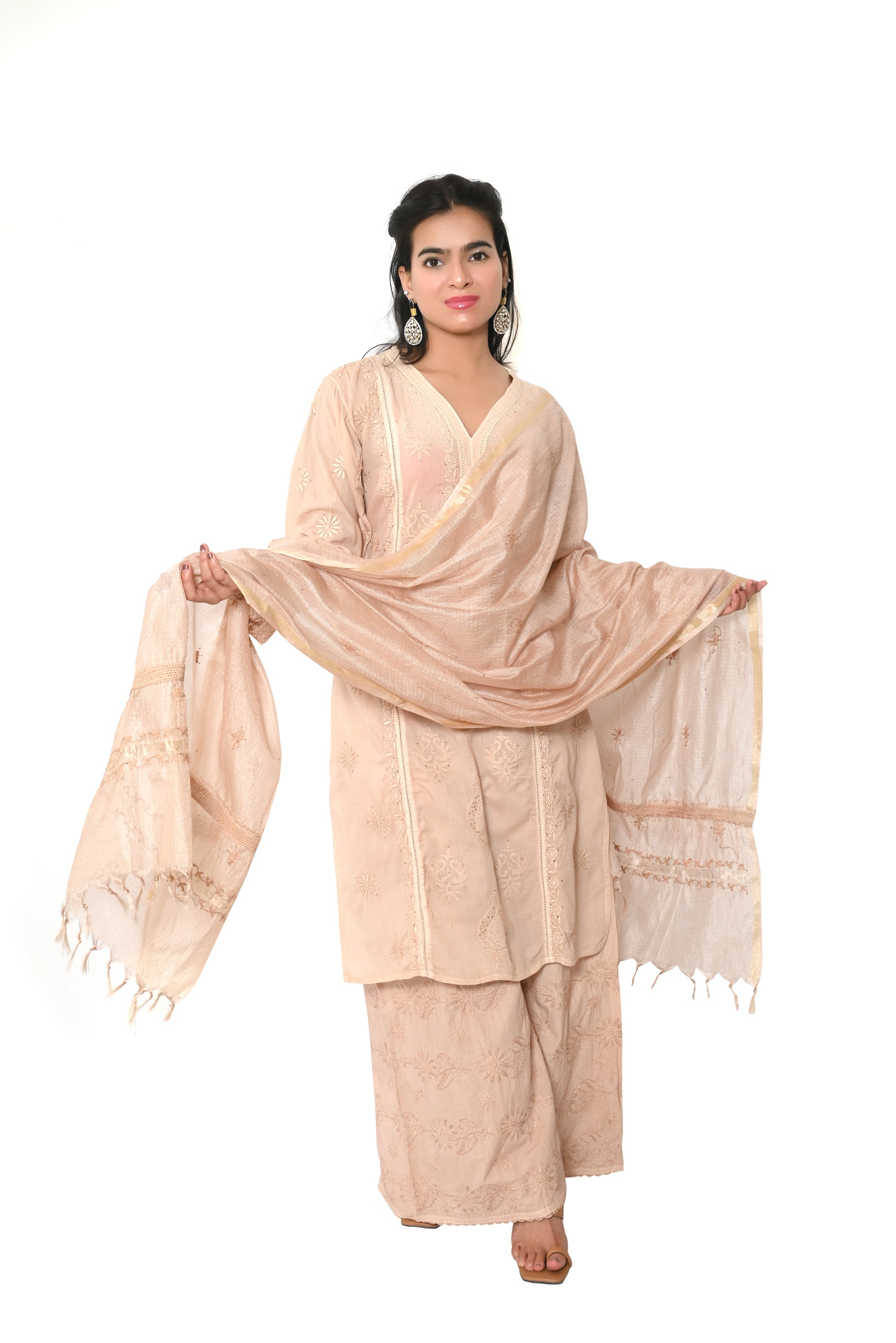 Kota and Cotton Chikankari Women Stitched Suit Sets - Light Brown