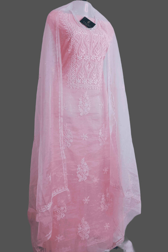 Semi Organza Chikankari And Zardozi Unstitched Women's Kurta Dupatta - Pink