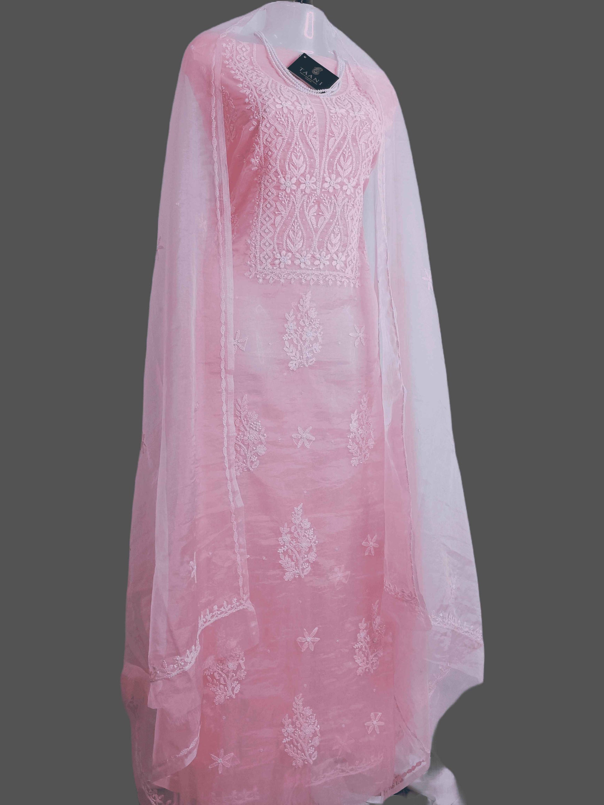 Semi Organza Chikankari And Zardozi Unstitched Women's Kurta Dupatta - Pink