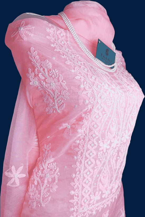 Semi Organza Chikankari And Zardozi Unstitched Women's Kurta Dupatta - Pink