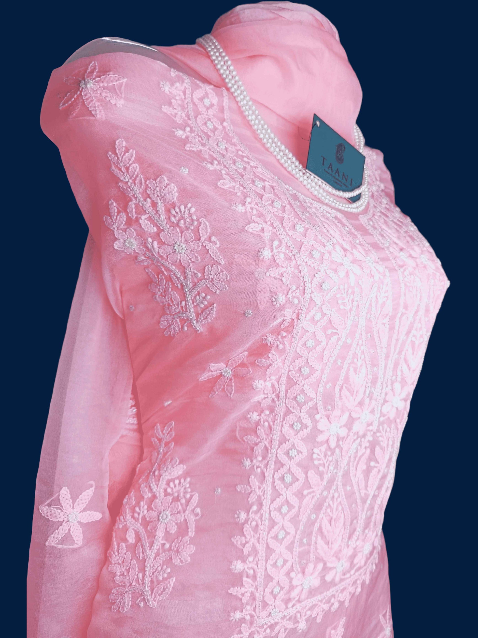 Semi Organza Chikankari And Zardozi Unstitched Women's Kurta Dupatta - Pink