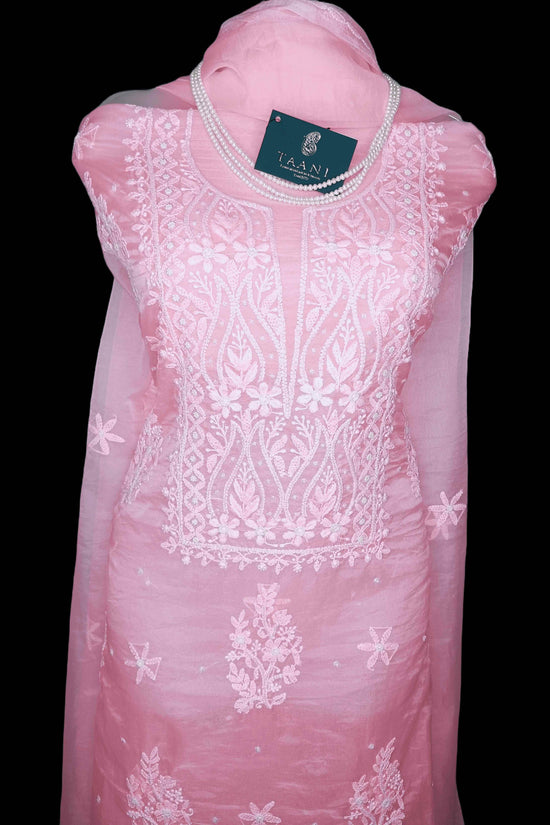 Semi Organza Chikankari And Zardozi Unstitched Women's Kurta Dupatta - Pink