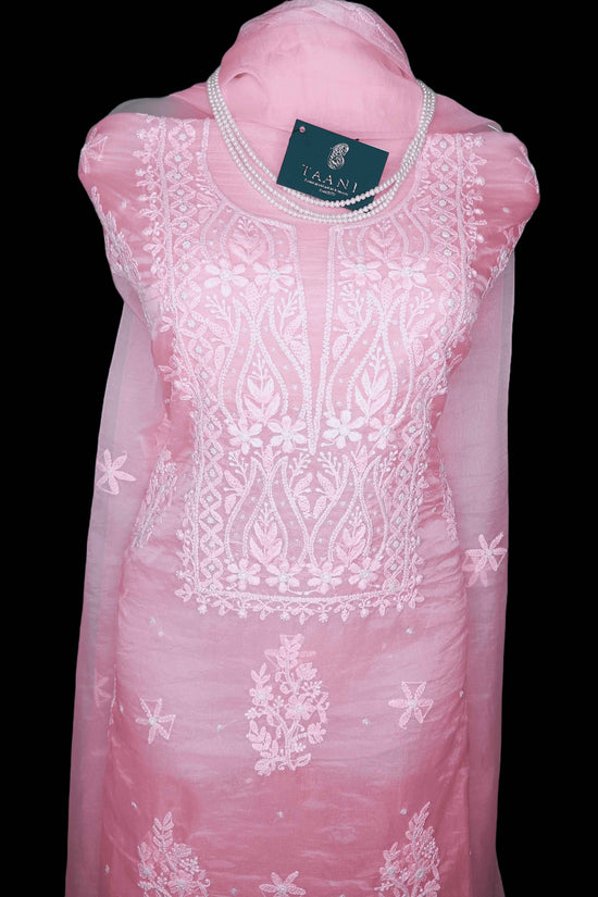 Semi Organza Chikankari And Zardozi Unstitched Women's Kurta Dupatta - Pink