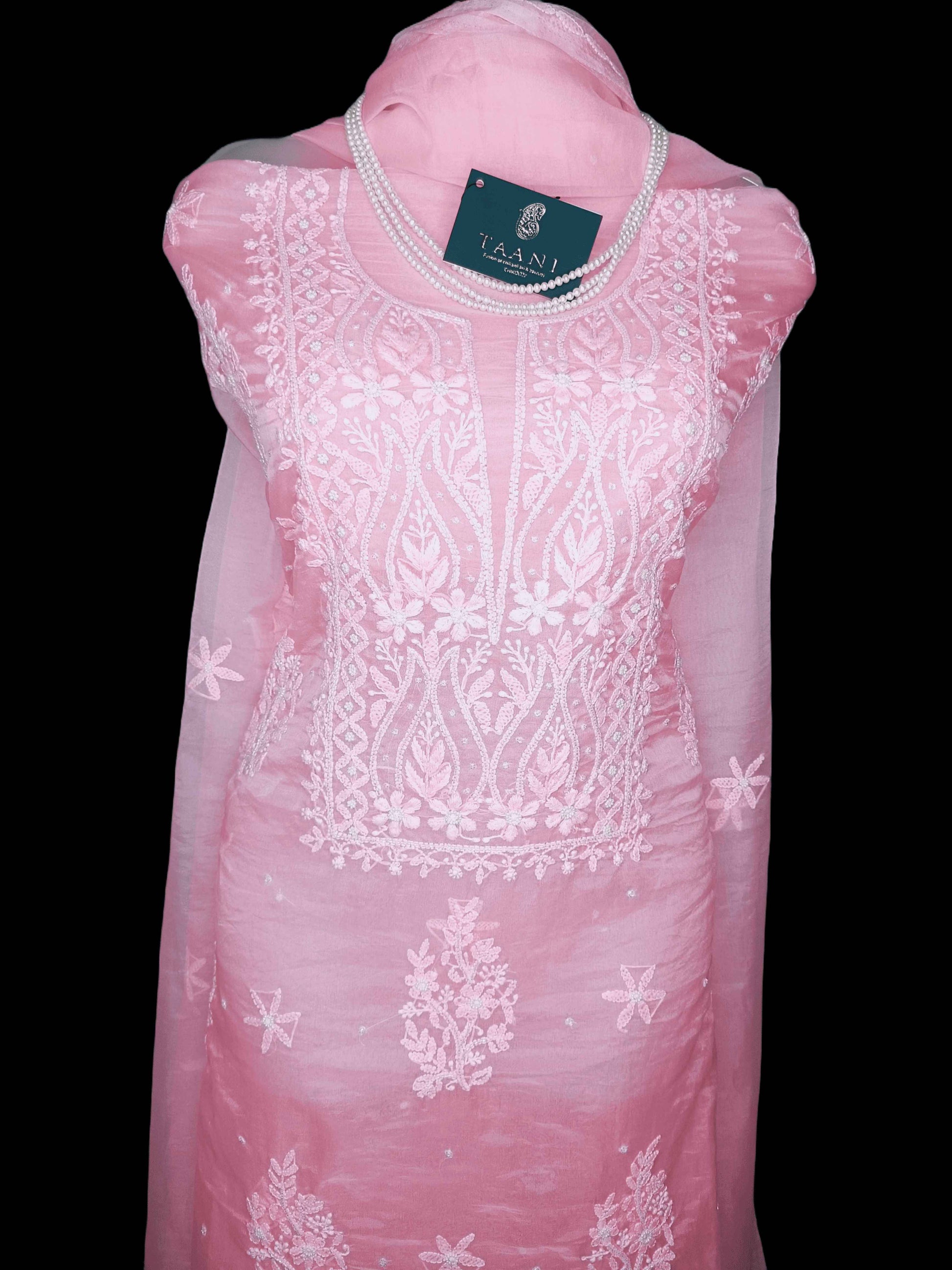 Semi Organza Chikankari And Zardozi Unstitched Women's Kurta Dupatta - Pink