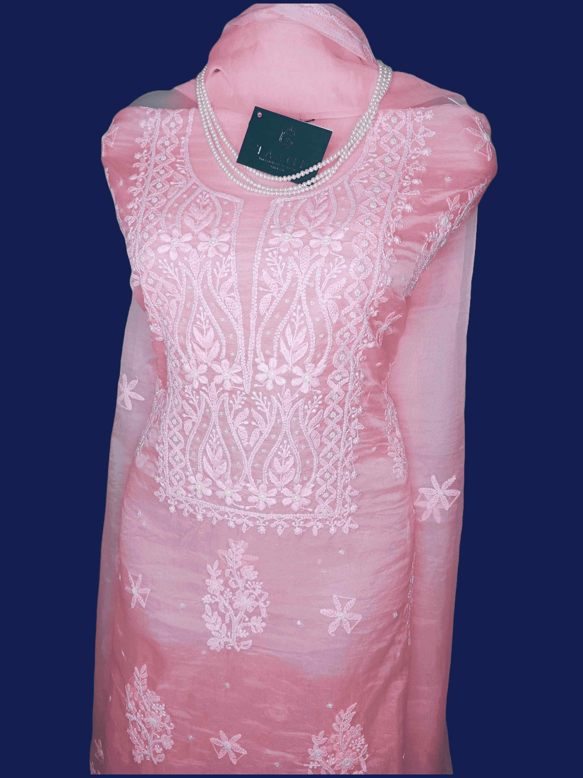 Semi Organza Chikankari And Zardozi Unstitched Women's Kurta Dupatta - Pink
