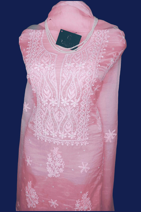 Semi Organza Chikankari And Zardozi Unstitched Women's Kurta Dupatta - Pink