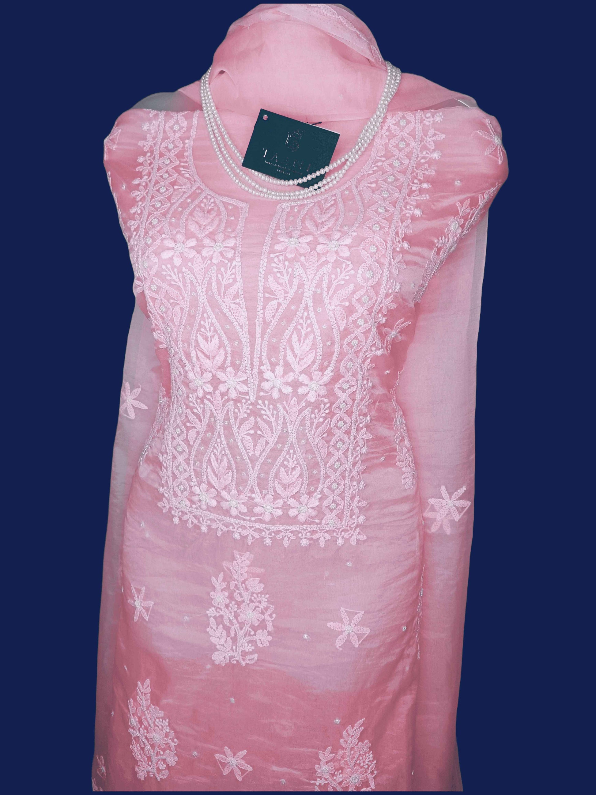 Semi Organza Chikankari And Zardozi Unstitched Women's Kurta Dupatta - Pink