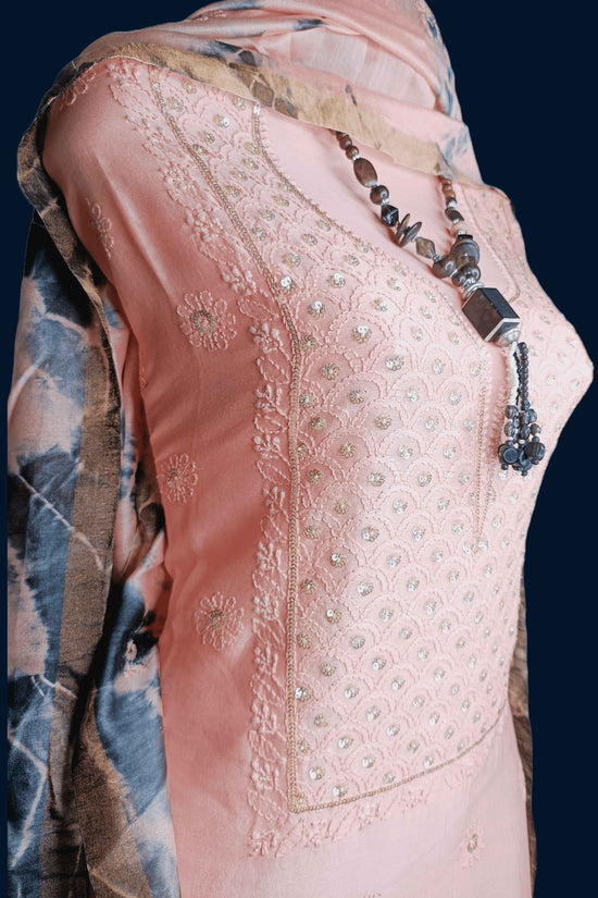 Mal Chanderi Chikankari And Zardozi Women's Unstitched Kurta Dupatta Set - Dark Peach And Bandhani print