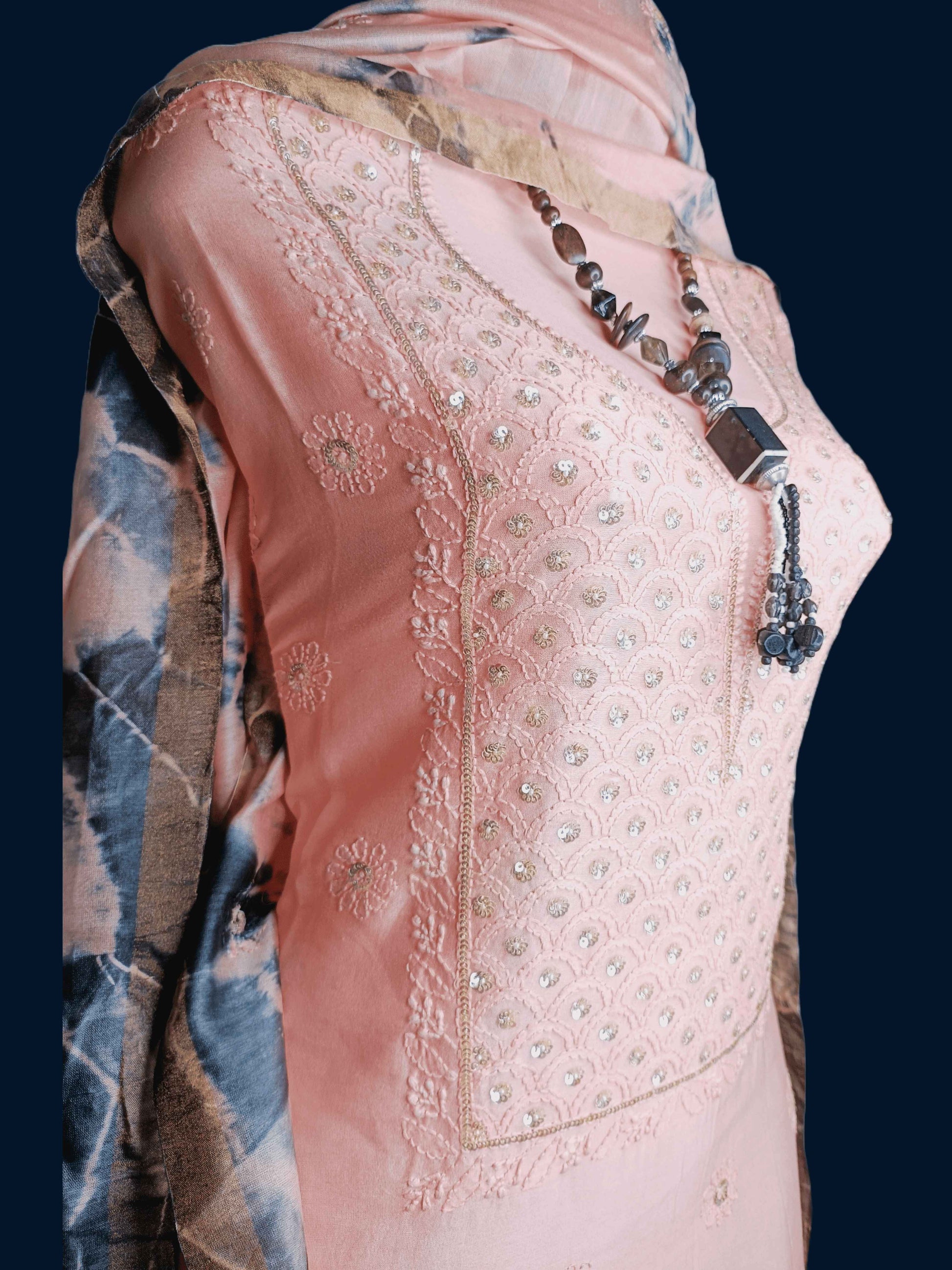 Mal Chanderi Chikankari And Zardozi Women's Unstitched Kurta Dupatta Set - Dark Peach And Bandhani print