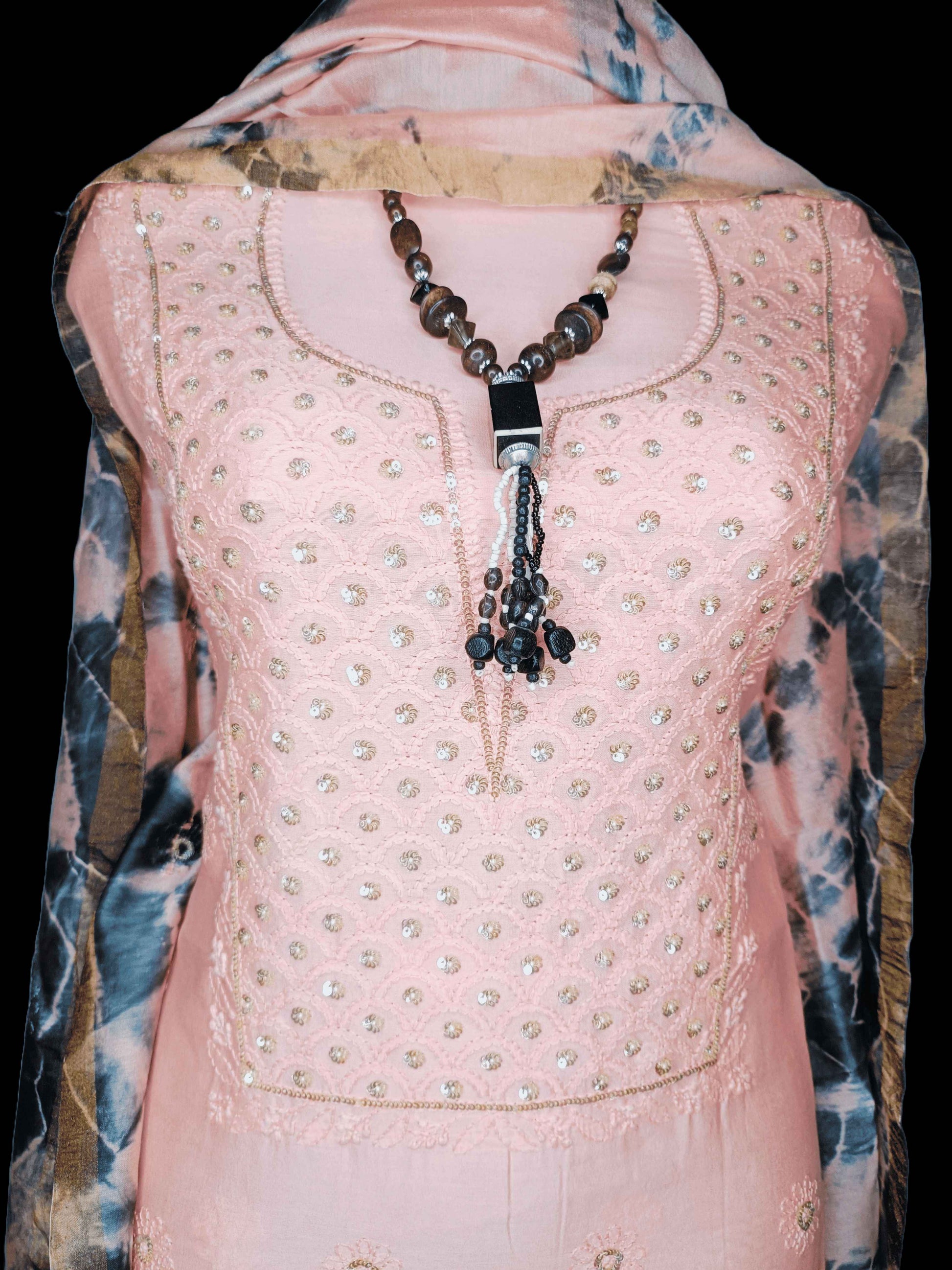 Mal Chanderi Chikankari And Zardozi Women's Unstitched Kurta Dupatta Set - Dark Peach And Bandhani print