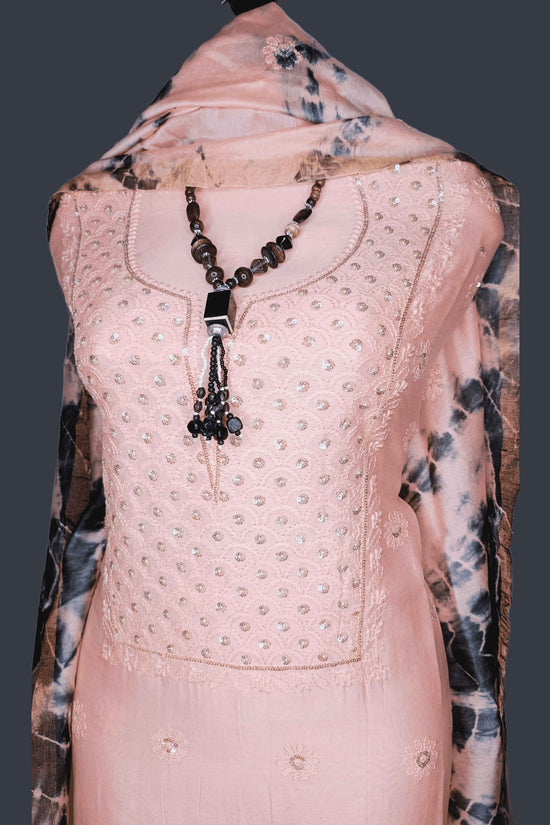 Mal Chanderi Chikankari And Zardozi Women's Unstitched Kurta Dupatta Set - Dark Peach And Bandhani print