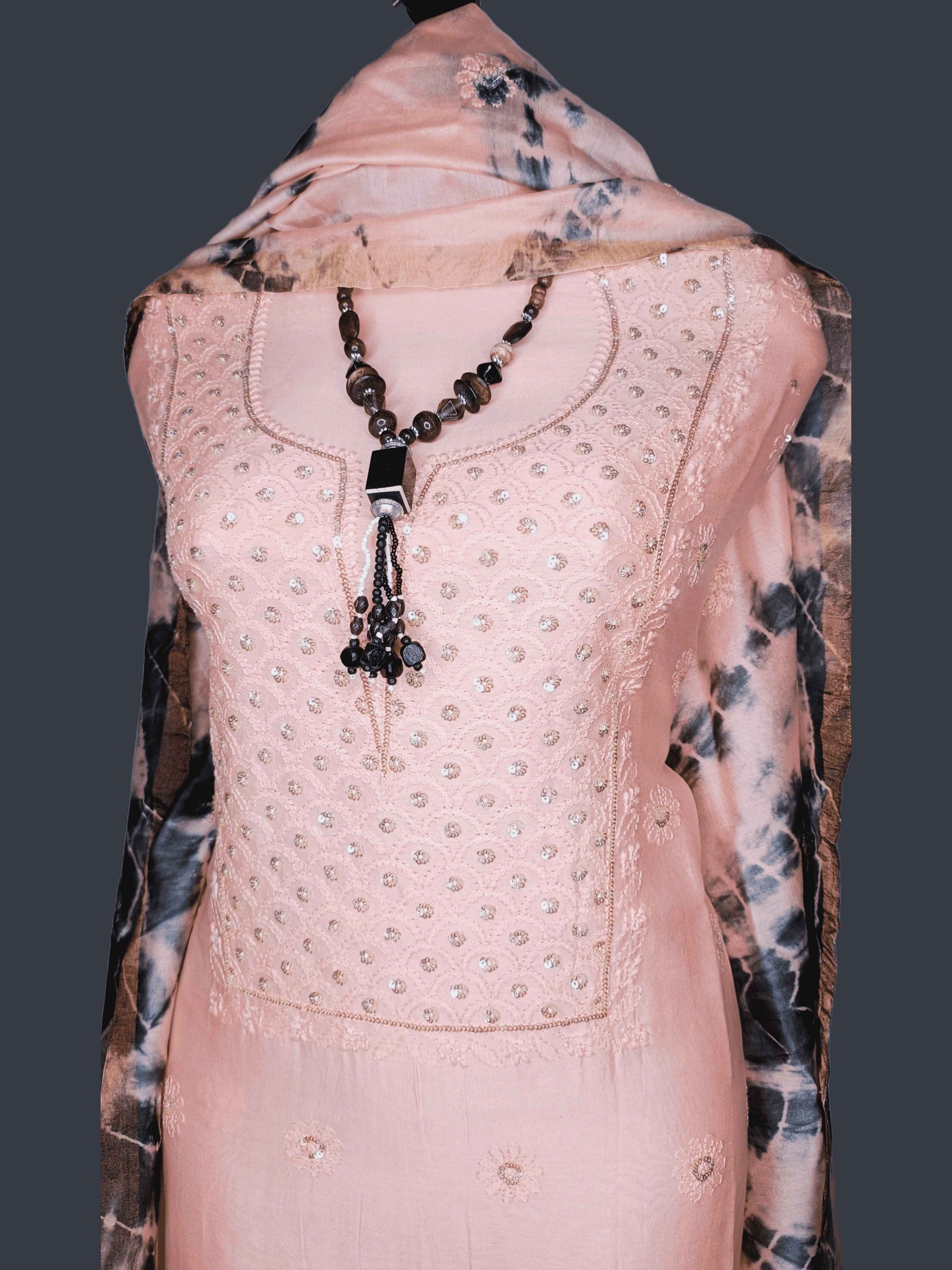 Mal Chanderi Chikankari And Zardozi Women's Unstitched Kurta Dupatta Set - Dark Peach And Bandhani print