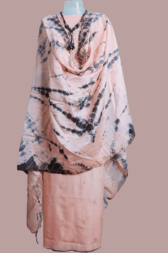 Mal Chanderi Chikankari And Zardozi Women's Unstitched Kurta Dupatta Set - Dark Peach And Bandhani print