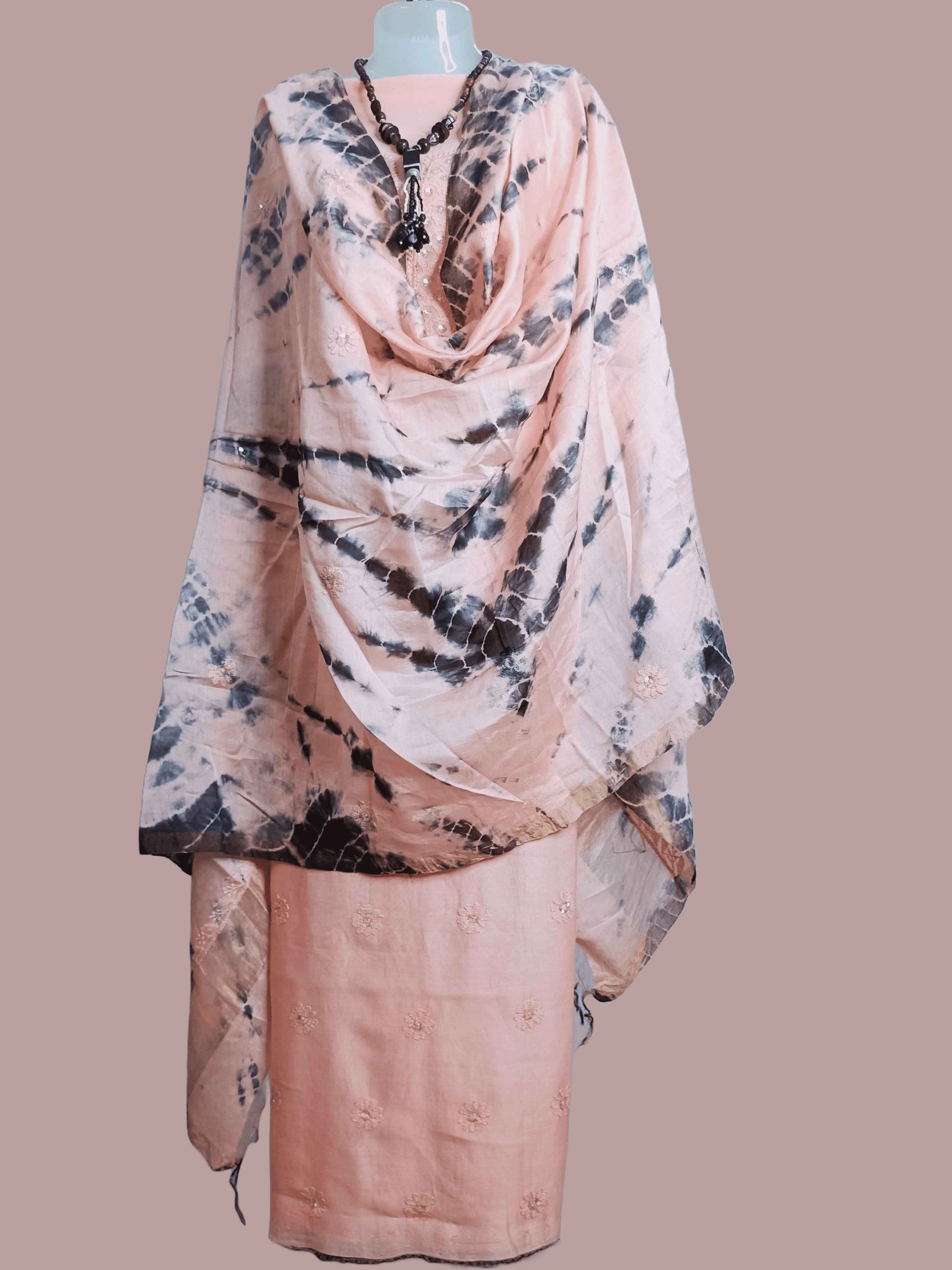 Mal Chanderi Chikankari And Zardozi Women's Unstitched Kurta Dupatta Set - Dark Peach And Bandhani print