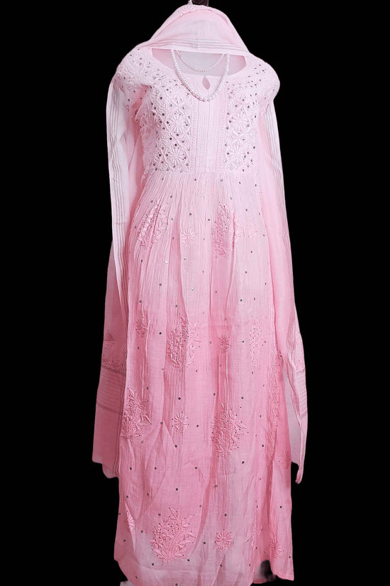 Semi-Stitched Pure Chanderi Chikankari Women's Kurta Dupatta with Mukesh Work - Dark Pink to Light Pink Ombre