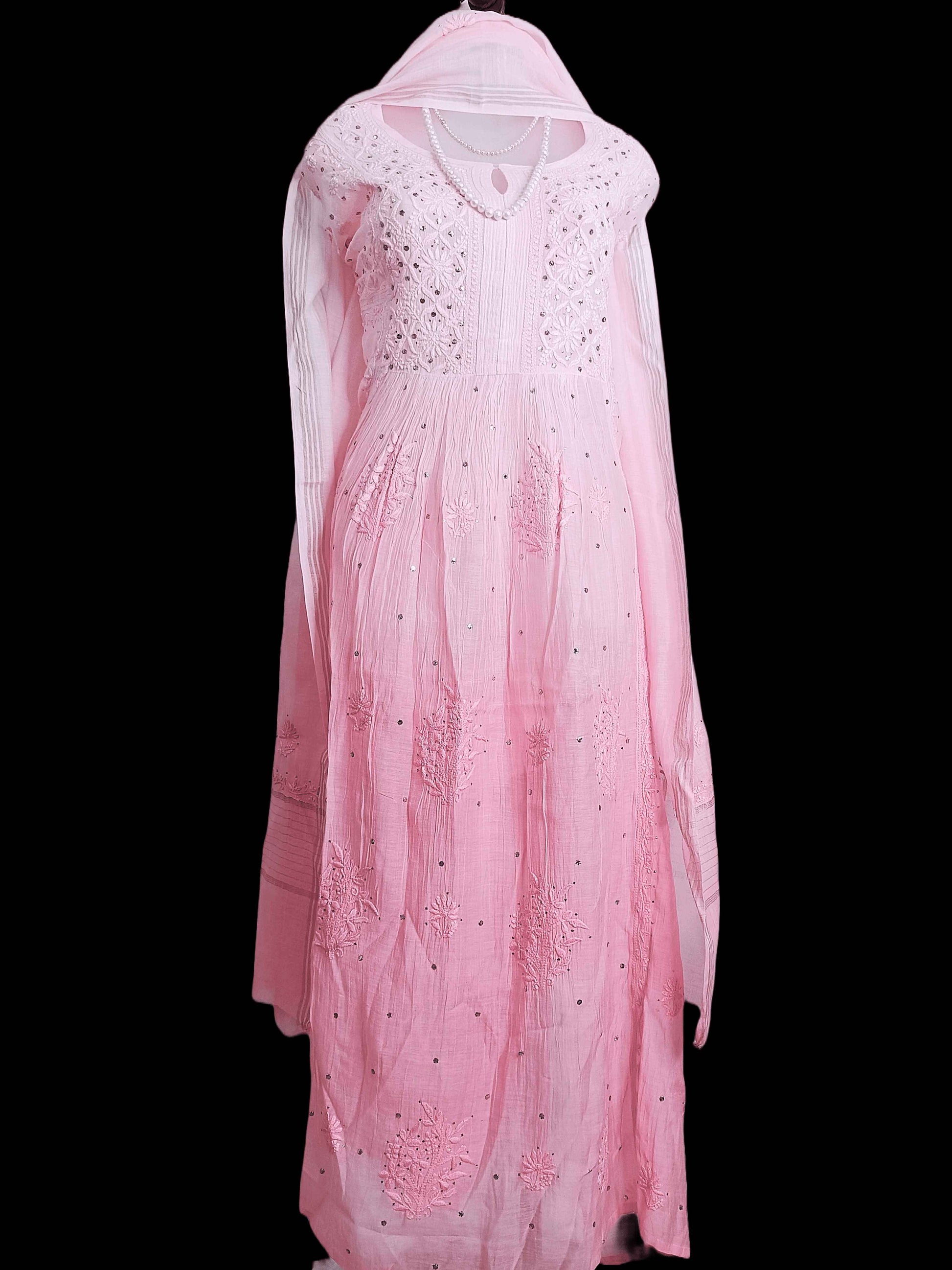 Semi-Stitched Pure Chanderi Chikankari Women's Kurta Dupatta with Mukesh Work - Dark Pink to Light Pink Ombre