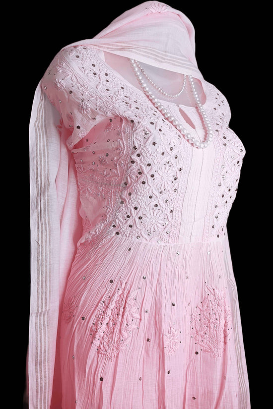 Semi-Stitched Pure Chanderi Chikankari Women's Kurta Dupatta with Mukesh Work - Dark Pink to Light Pink Ombre