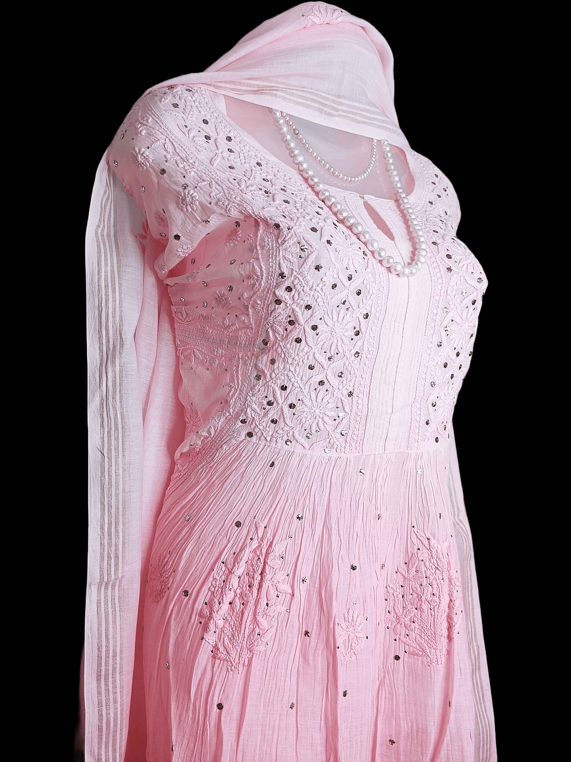 Semi-Stitched Pure Chanderi Chikankari Women's Kurta Dupatta with Mukesh Work - Dark Pink to Light Pink Ombre