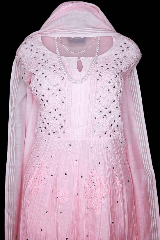 Semi-Stitched Pure Chanderi Chikankari Women's Kurta Dupatta with Mukesh Work - Dark Pink to Light Pink Ombre