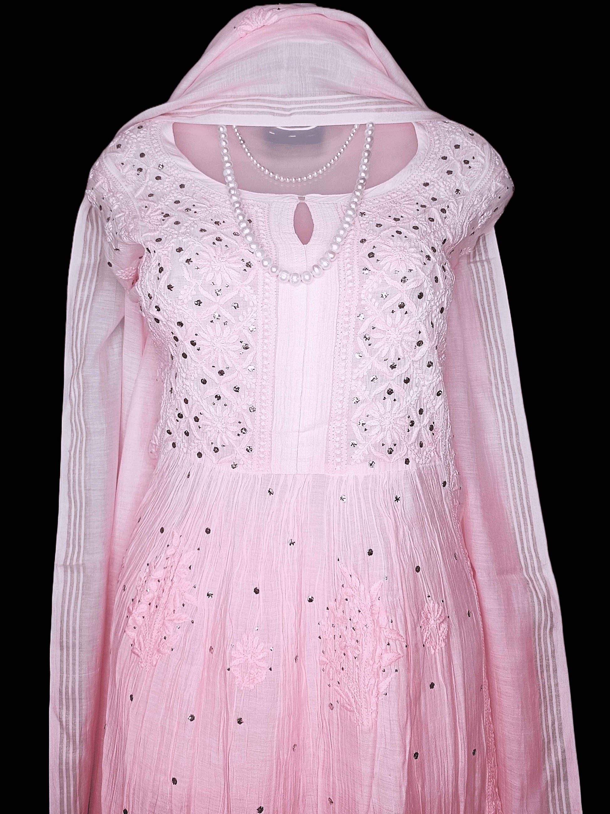 Semi-Stitched Pure Chanderi Chikankari Women's Kurta Dupatta with Mukesh Work - Dark Pink to Light Pink Ombre