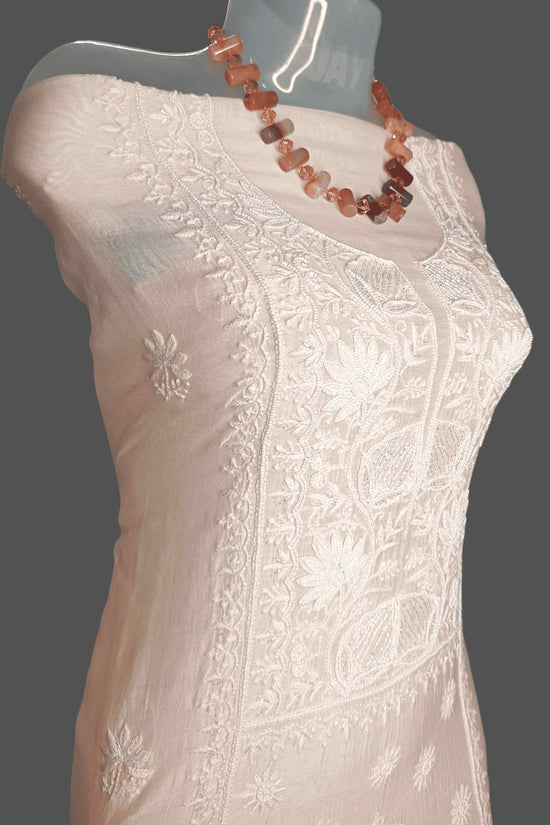 Chanderi Chikankari & Zardozi Pearl Work Unstitched Kurta Dupatta – Peach