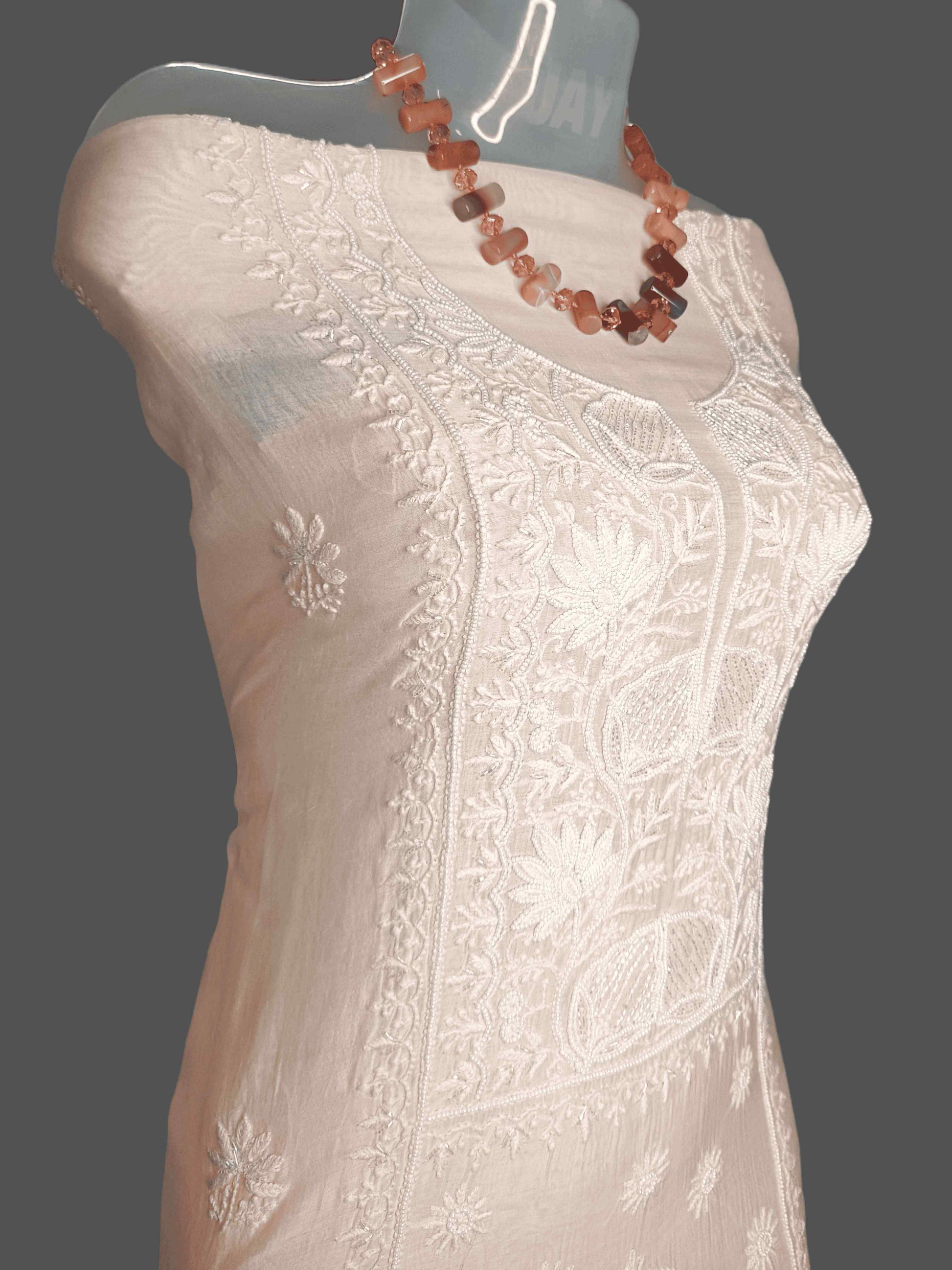 Chanderi Chikankari & Zardozi Pearl Work Unstitched Kurta Dupatta – Peach