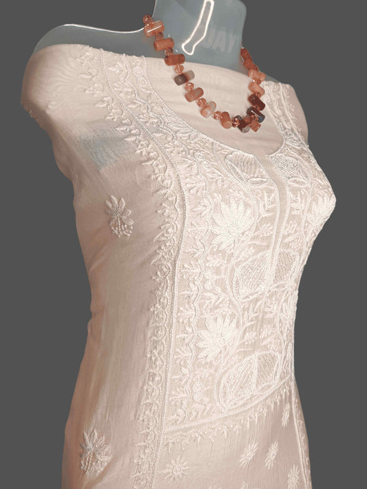 Chanderi Chikankari & Zardozi Pearl Work Unstitched Kurta Dupatta – Peach