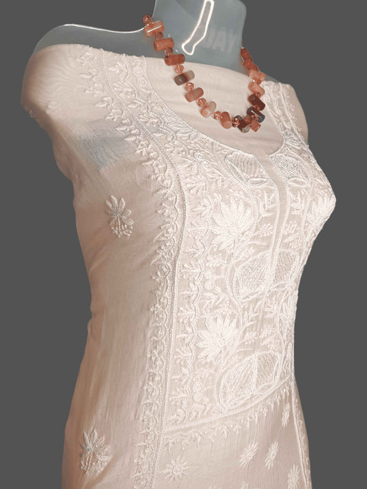 Chanderi Chikankari & Zardozi Pearl Work Unstitched Kurta Dupatta – Peach