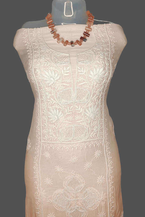 Chanderi Chikankari & Zardozi Pearl Work Unstitched Kurta Dupatta – Peach