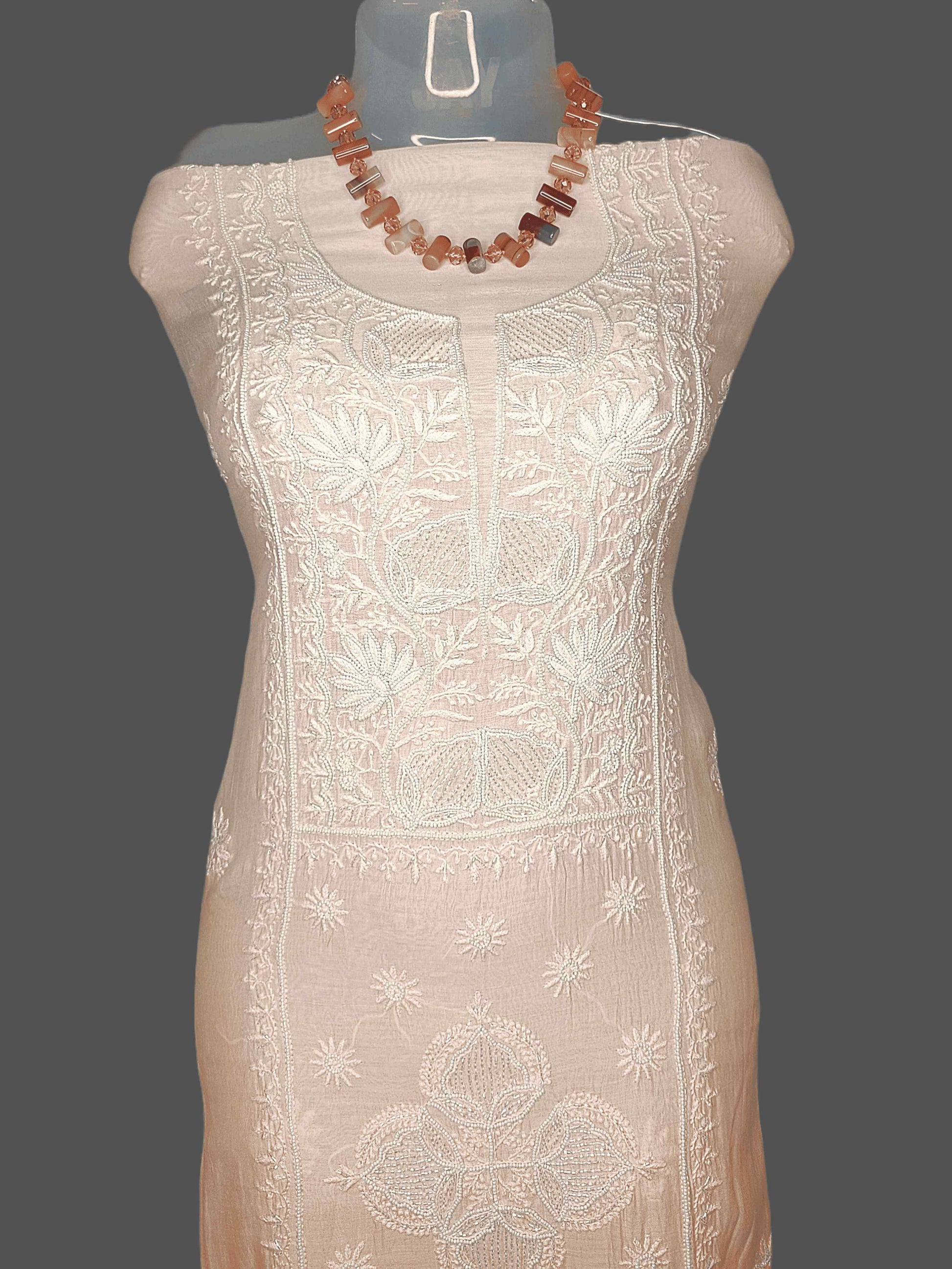 Chanderi Chikankari & Zardozi Pearl Work Unstitched Kurta Dupatta – Peach