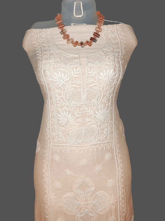 Chanderi Chikankari & Zardozi Pearl Work Unstitched Kurta Dupatta – Peach