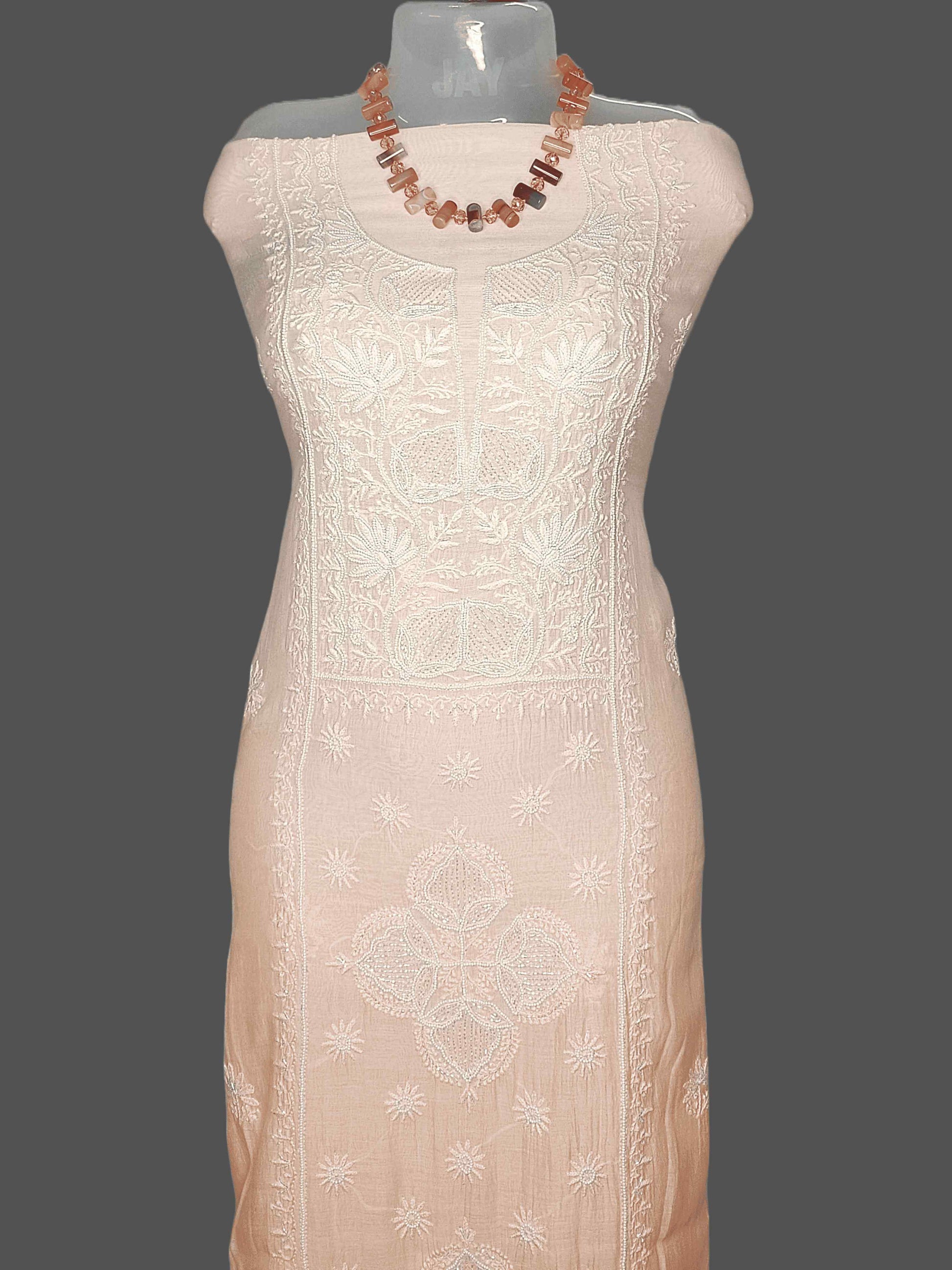 Chanderi Chikankari & Zardozi Pearl Work Unstitched Kurta Dupatta – Peach
