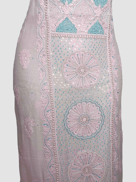 Unstitched Mal Chanderi Chikankari And Zardozi Women's Kurta Dupatta Set - Powder Pink