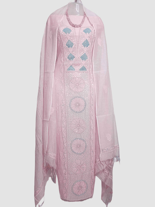 Unstitched Mal Chanderi Chikankari And Zardozi Women's Kurta Dupatta Set - Powder Pink