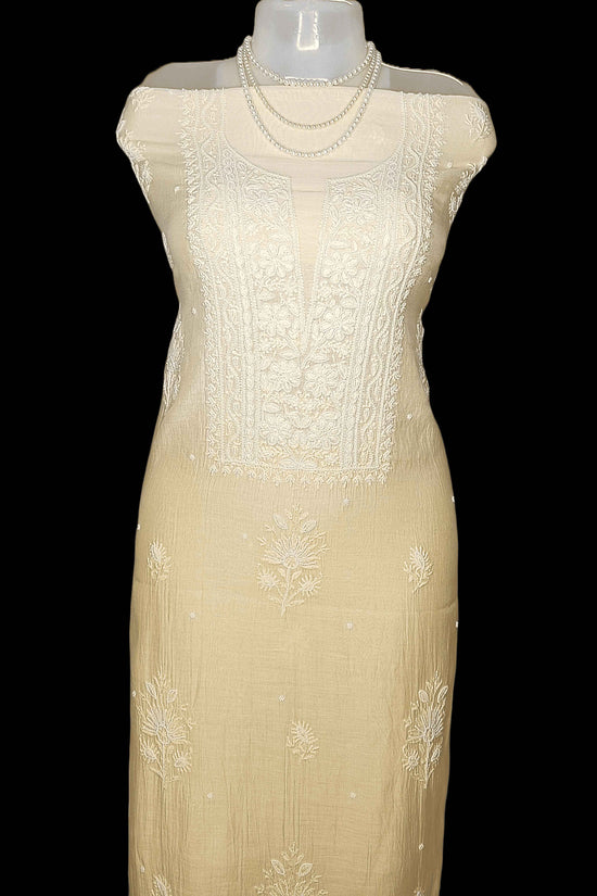 Pure Chanderi Chikankari And Zaridozi Women’s Unstitched Suit Set - Beige Yellow Ombre