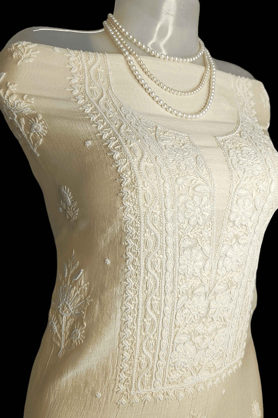 Pure Chanderi Chikankari And Zaridozi Women’s Unstitched Suit Set - Beige Yellow Ombre