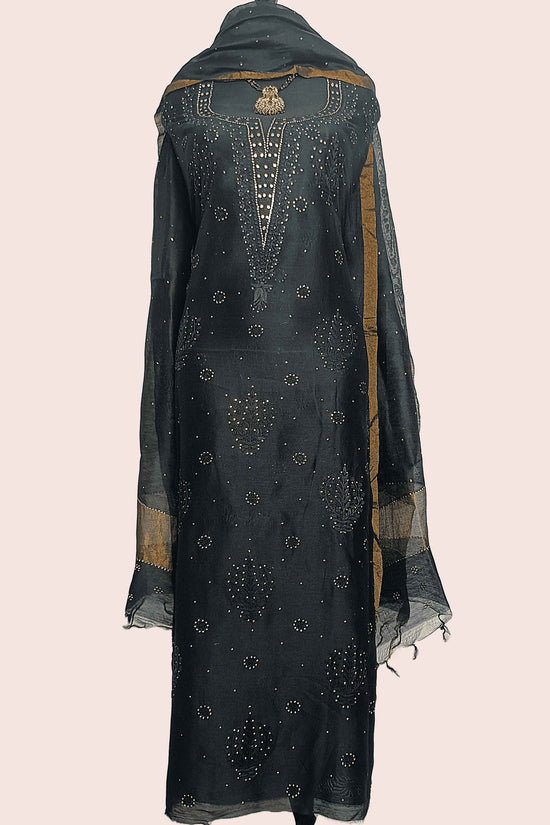 Pure Cotton Chikankari , Zaridozi And Mukesh Work Women’s Unstitched Kurta Dupatta - Black with Golden Border