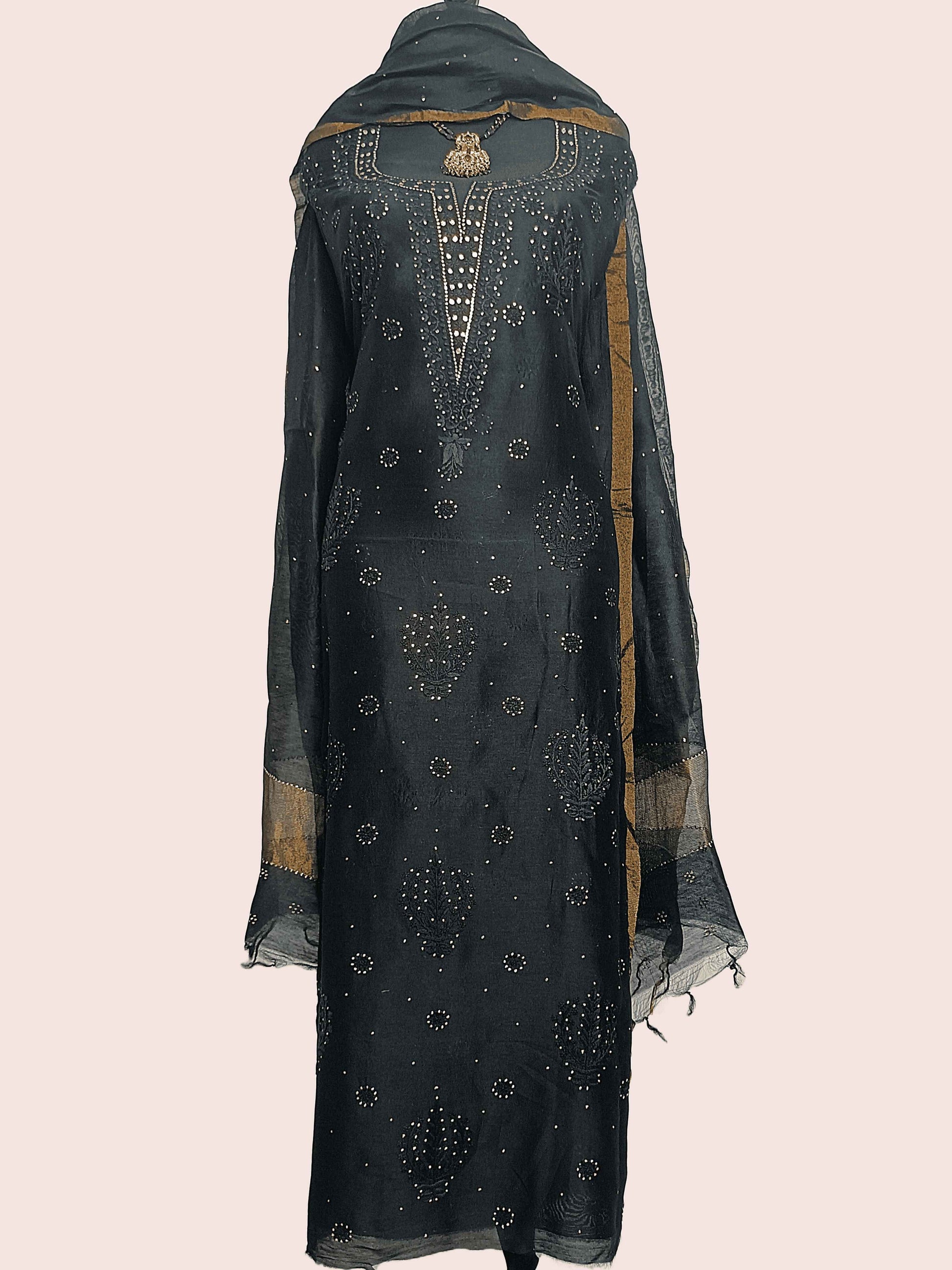 Pure Cotton Chikankari , Zaridozi And Mukesh Work Women’s Unstitched Kurta Dupatta - Black with Golden Border