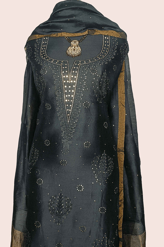 Pure Cotton Chikankari , Zaridozi And Mukesh Work Women’s Unstitched Kurta Dupatta - Black with Golden Border