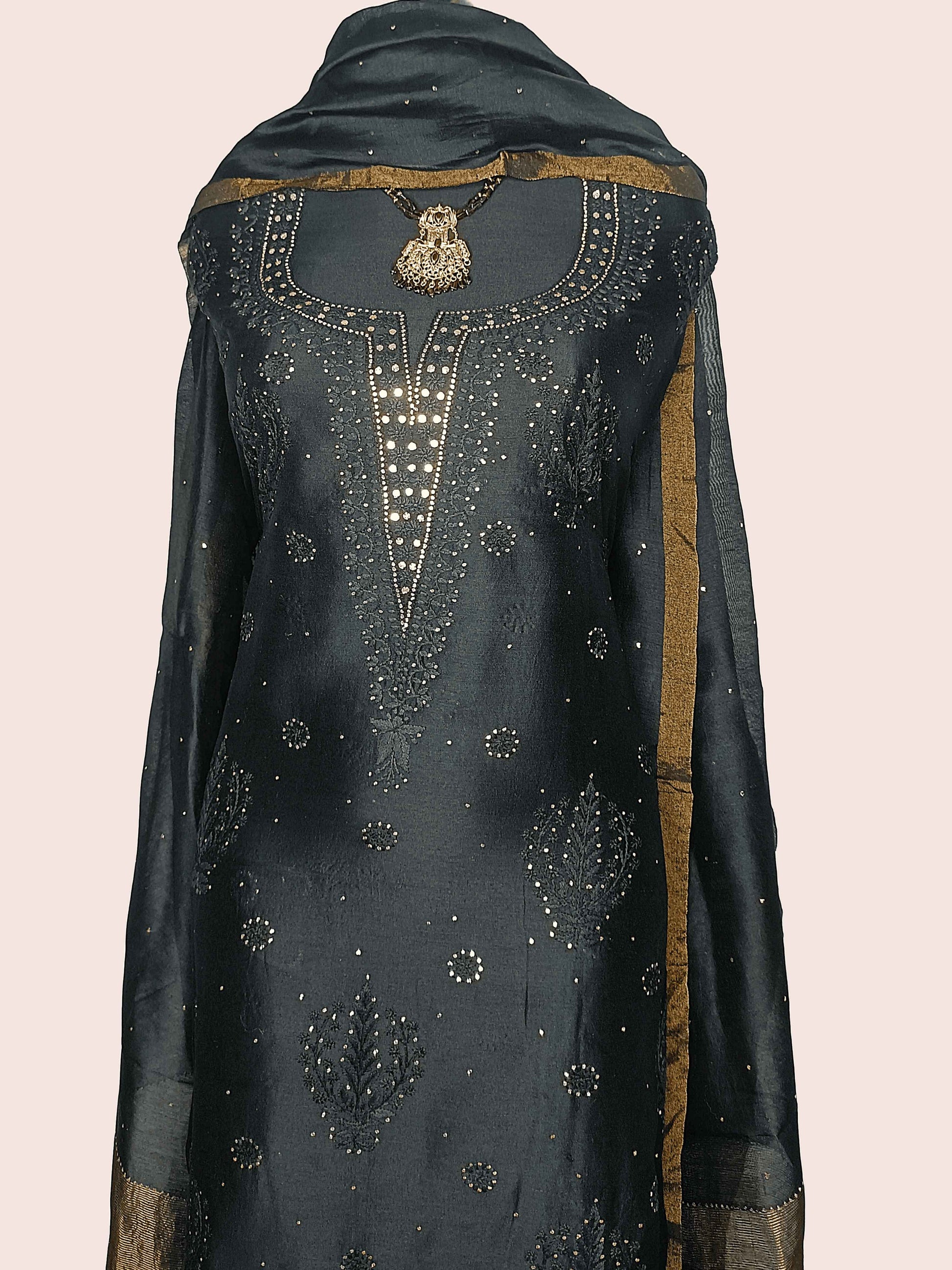 Pure Cotton Chikankari , Zaridozi And Mukesh Work Women’s Unstitched Kurta Dupatta - Black with Golden Border