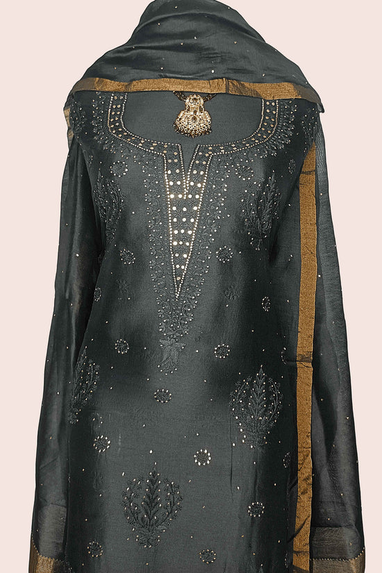 Pure Cotton Chikankari , Zaridozi And Mukesh Work Women’s Unstitched Kurta Dupatta - Black with Golden Border