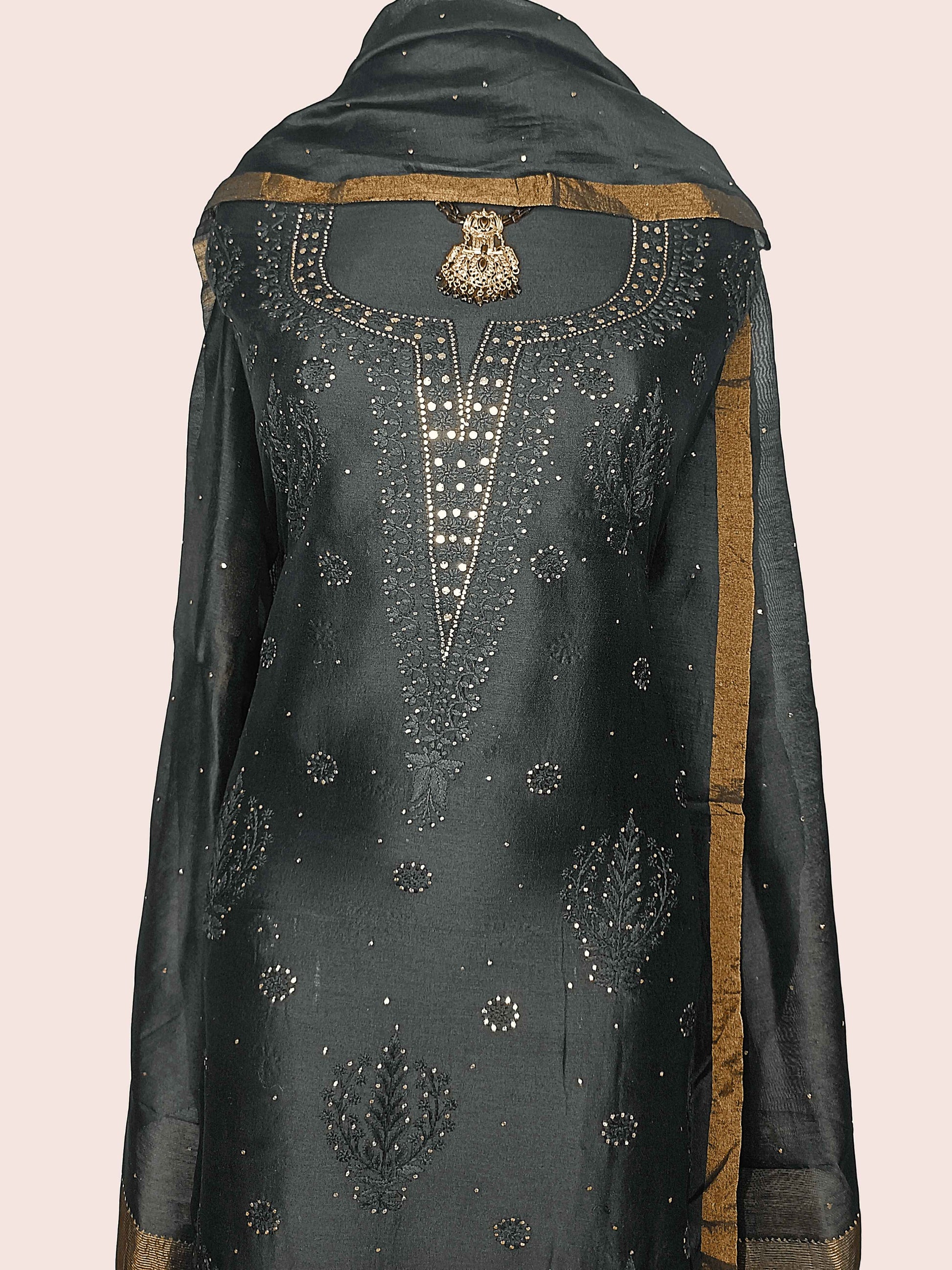 Pure Cotton Chikankari , Zaridozi And Mukesh Work Women’s Unstitched Kurta Dupatta - Black with Golden Border