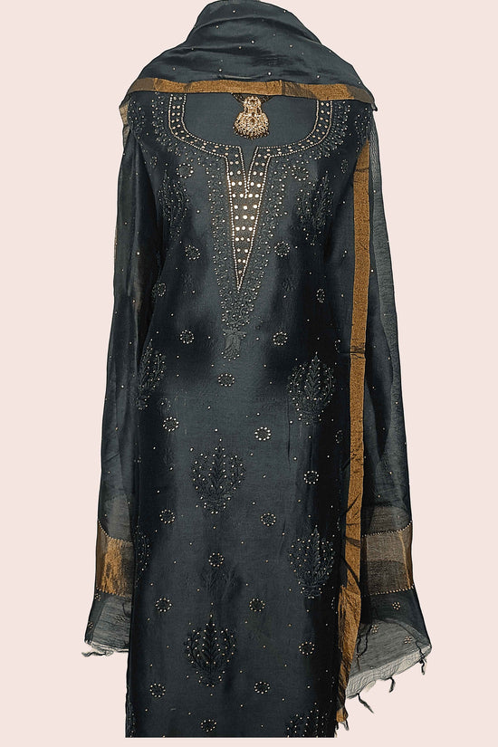 Pure Cotton Chikankari , Zaridozi And Mukesh Work Women’s Unstitched Kurta Dupatta - Black with Golden Border