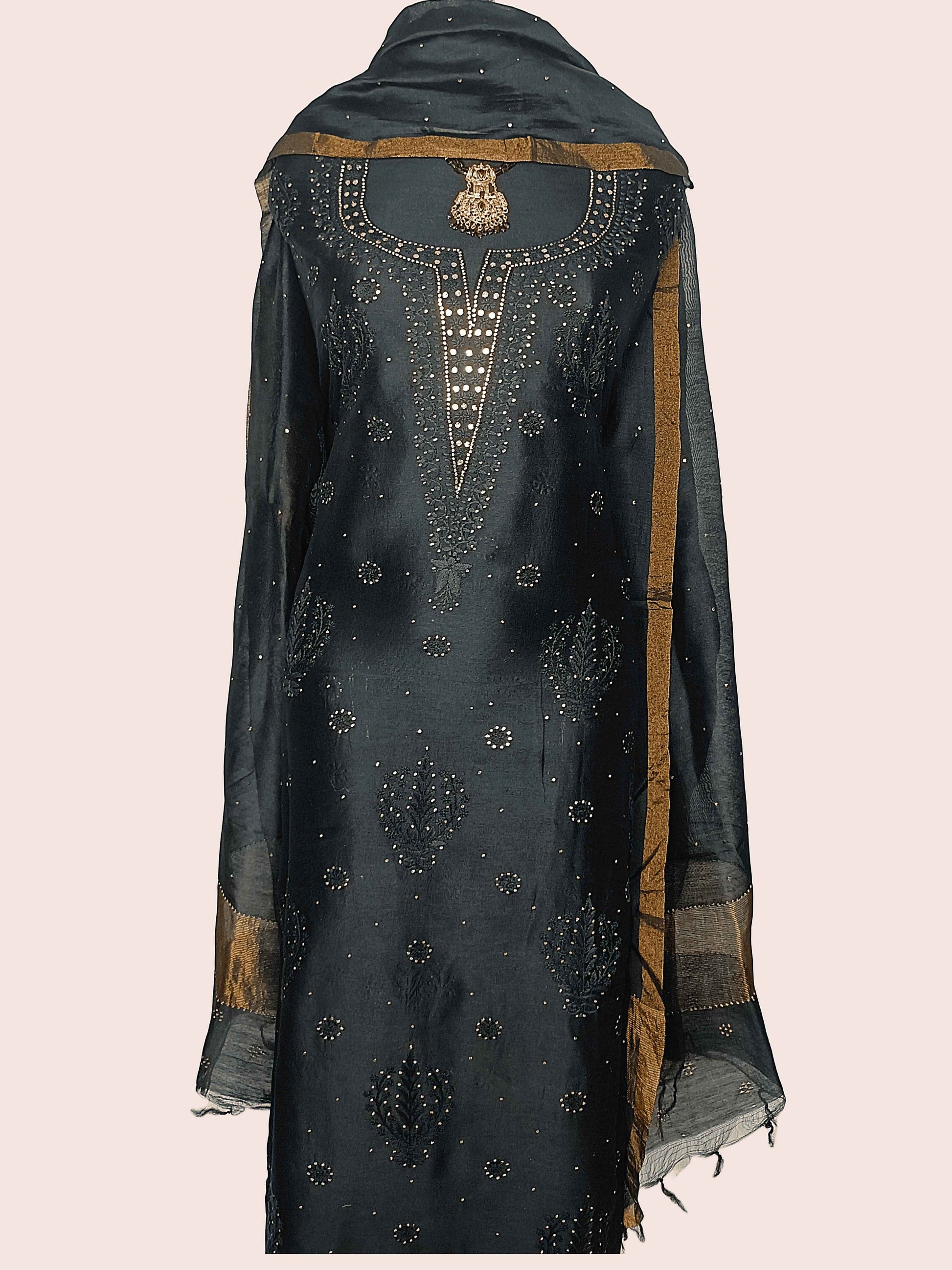 Pure Cotton Chikankari , Zaridozi And Mukesh Work Women’s Unstitched Kurta Dupatta - Black with Golden Border