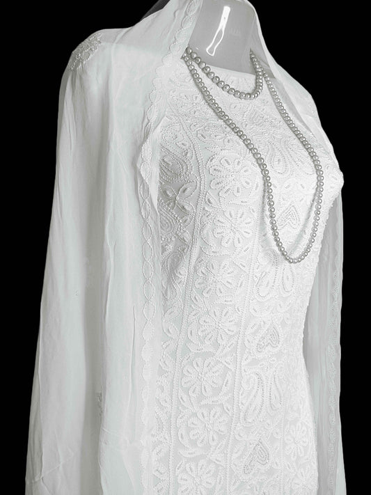 Georgette Chikankari And Zardozi Women’s Unstitched Kurta Dupatta - White